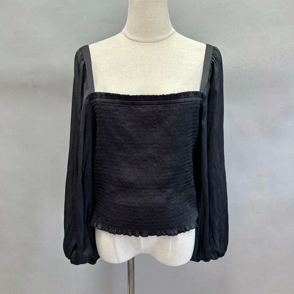 J. Crew Black Squareneck Smocked Featherweight Satin Crop Top Size Large NWT
